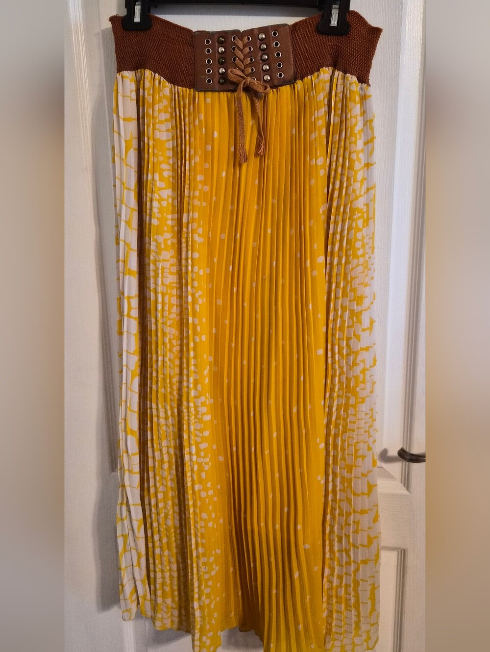 Yellow Pleated Maxi Skirt with Brown Lace-Up Waistband